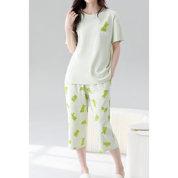 100% Cotton Women Capri Pajama Set 2Pcs Short Sleeve Top Capris pants Sleepwear - Picture 5 of 10